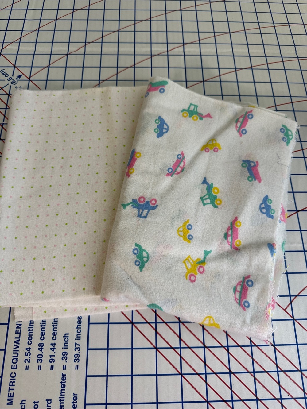 Vintage Jo-Ann Kids Flannel Fabric Lot Cars Polka Dots Retro Nursery 2 Pieces